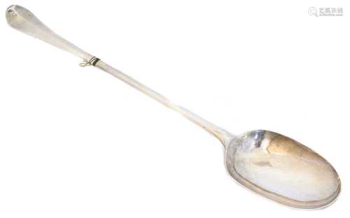 An early 18th century Britannia standard basting spoon,