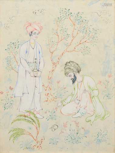 Indian School (19th century) Two turbaned figures in a garde...