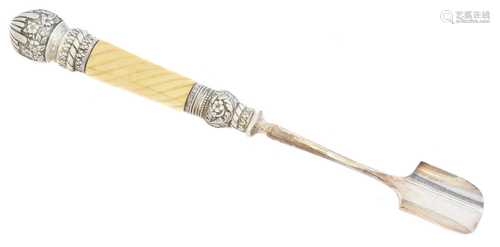 A Victorian silver and ivory handled cheese scoop,