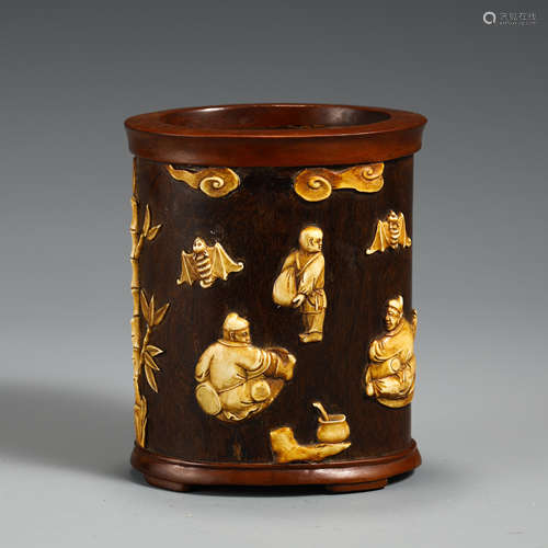 An Organic Material Inlaid Rosewood Brush-pot