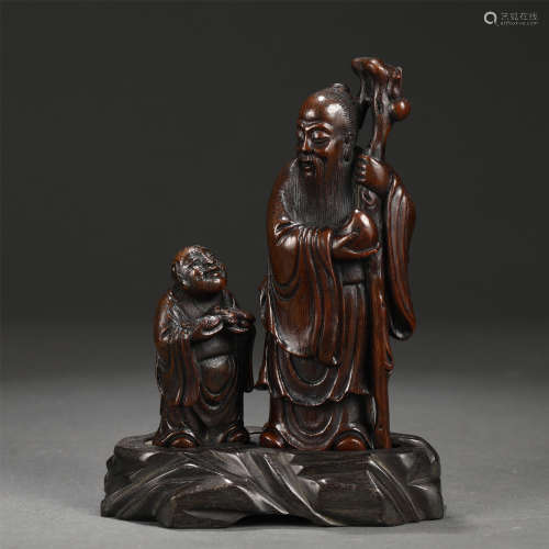 A Carved Bamboo Immortal with Attendant