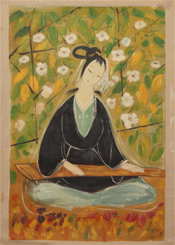 A Chinese Painting of Lady Playing a Musical Instrument