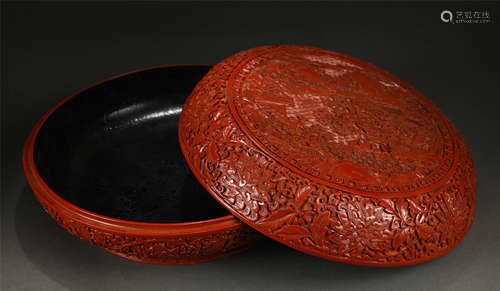 A Carved Cinnabar Lacquer Landscape Circular Box