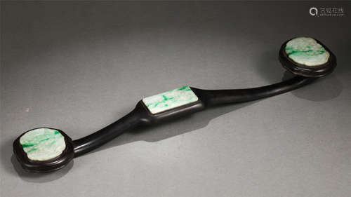 A Jadeite Inlaid Rosewood Ruyi Scepter