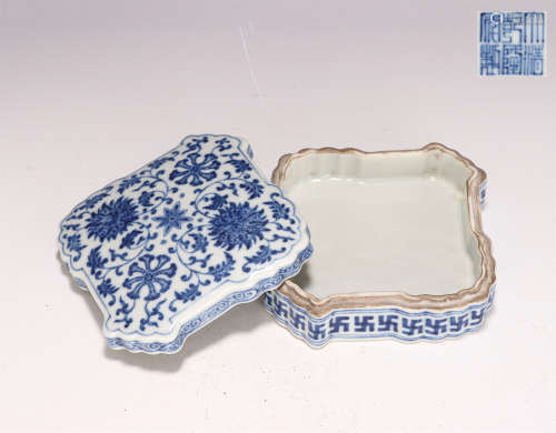 A Blue and White Lotus Scrolls Squared Box