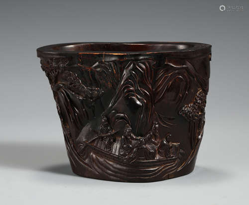 A Carved Rosewood Landscape Brush-pot