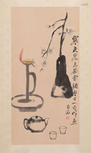 A Chinese Painting of Flowers, Oil Lamp and Tea Wares