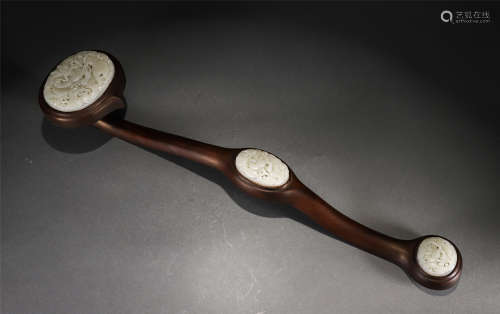 A Carved White Jade Inlaid Rosewood Ruyi Scepter