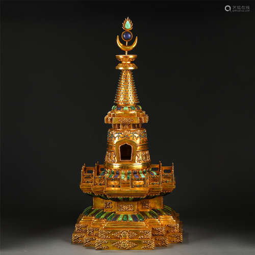 A Hardstones Inlaid Gilt-bronze Stupa