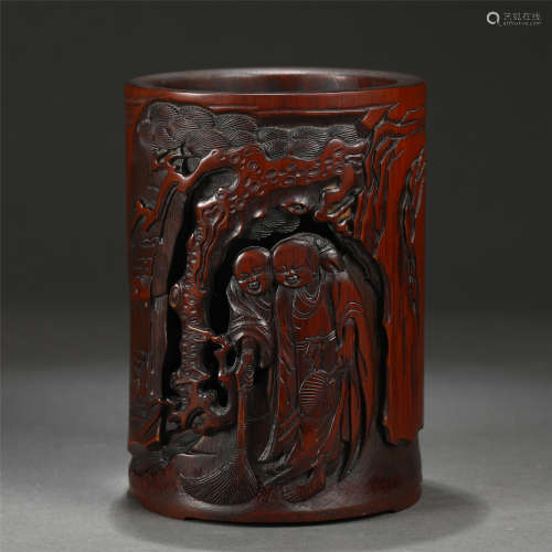 A Carved Bamboo Figural Brushpot