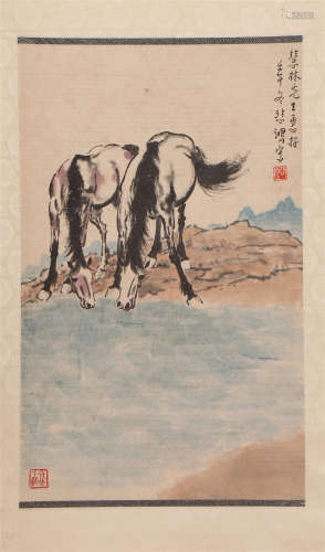 A Chinese Painting Depicting Two Horses Drinking Water