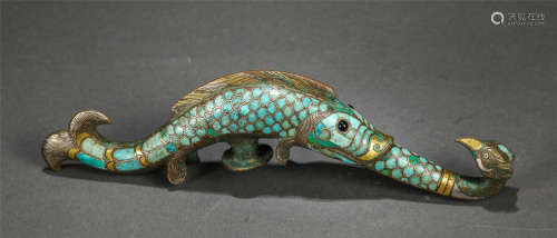 A Turquoise Decorated Gold and Silver Inlaid Belthook