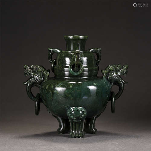 A Carved Spinach Green Jade Tripod Censer