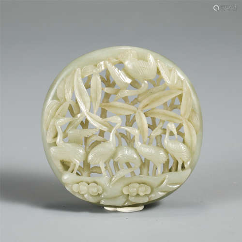 A Carved White Jade Cranes Panel