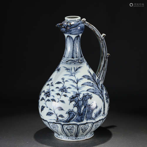A Blue and White Peony Rock and Bamboo Ewer