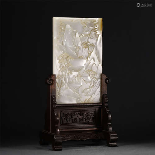 A Carved White Jade Landscape Panel Inlaid Table Screen