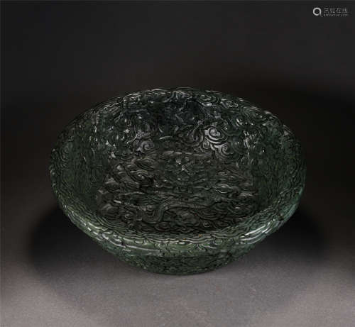 A Carved Spinach Green Jade Dragon Basin