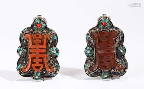 Pair Turquoise and Agate Inlaid Silver Pendants