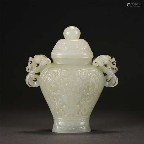 A Carved White Jade Vase with Dragon Handles