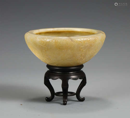 A Carved Creamy Jade Begging Bowl with Stand