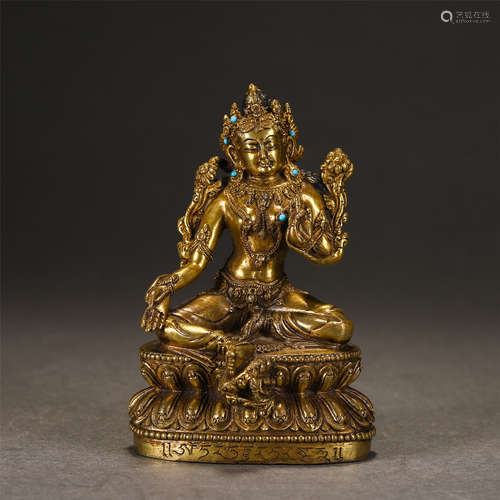 A Turquoise Inlaid Gilt-bronze Seated Green Tara