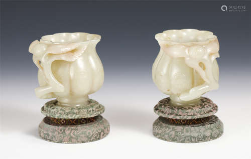 Pair Carved White Jade Cups