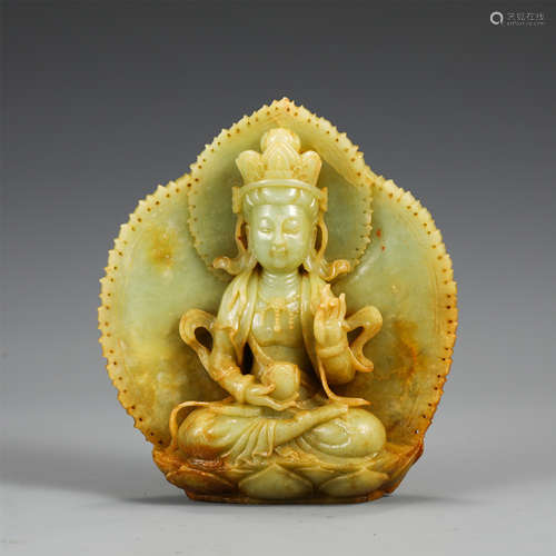 A Carved Celadon and Russet Jade Seated Bodhisattva