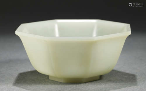 A Fine Carved White Jade Octagonal Bowl