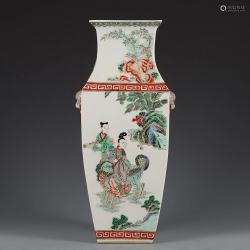 A Famille Verte Figural Squared Vase