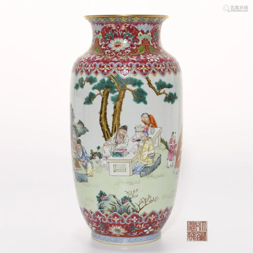 A Famille Rose Figural Lantern Vase Qianlong Mark