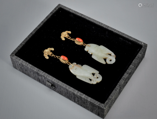 Pair Carved White Jade Earrings