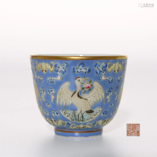 A Famille Rose Cranes and Clouds Cup Daoguang Mark