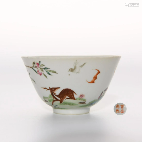A Famille Rose Deer and Bats Bowl Baoqiang Hall Mark
