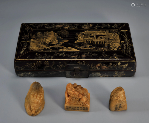 A Group of Three Carved Tianhuang Seals with Box