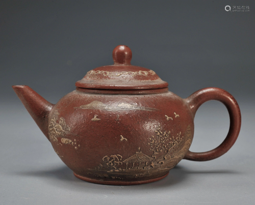 A Yixing Glazed Landscape Teapot