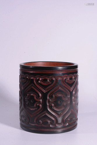 A CARVED RED LACQUER BRUSHPOT.BITONG QING PERIOD