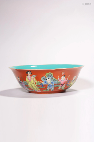 A RUBY-GROUND FAMILLE-ROSE BOWL.MARK OF JIAQING