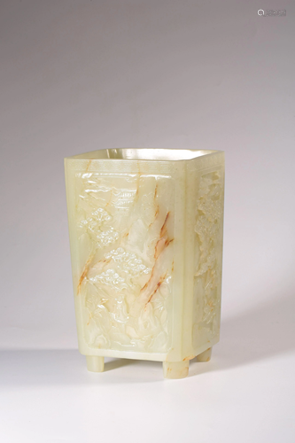 A CARVED WHITE JADE BRUSHPOT.QING PERIOD