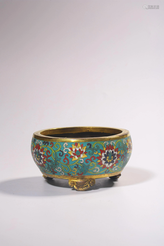 A CLOISONNE ENAMEL BRONZE TRIPOD CENSER.MARK OF