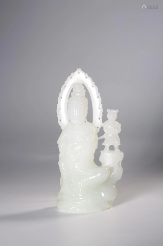 A CARVED WHITE JADE GUANYIN.QING PERIOD.