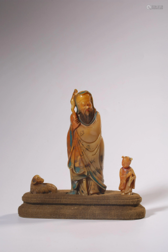 A CARVED SOAPSTONE SHOULAO AND ATTENDANT.QING …