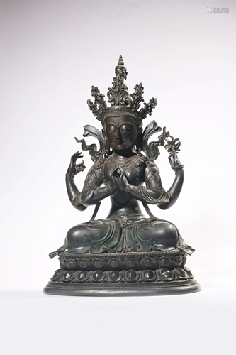 A BRONZE FIGURE OF GUANYIN.MING PERIOD