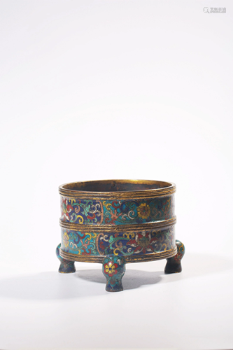 A CLOISONNE ENAMEL BRONZE TRIPOD CENSER.MARK OF