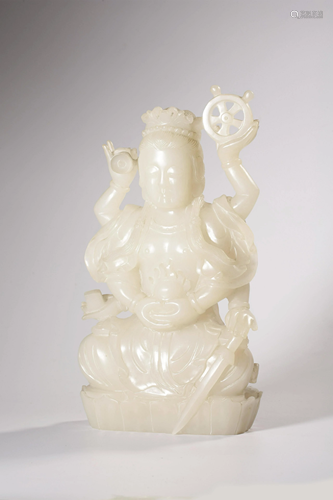 A WHITE JADE FIGURE OF GUANYIN.QING PERIOD