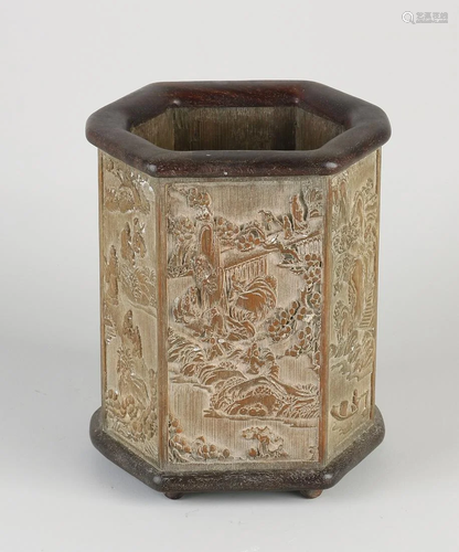 Antique wood-carved Chinese octagonal brush cup.