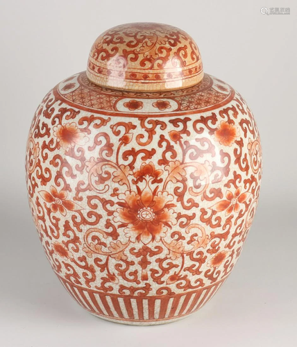 Large antique Chinese porcelain ginger jar with red