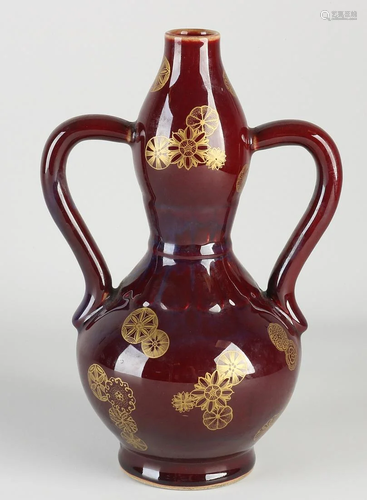 Chinese porcelain knob vase with ears. Red-brown glaze