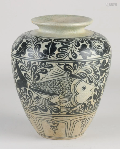 Chinese porcelain vase with floral/fish decor. Crackle