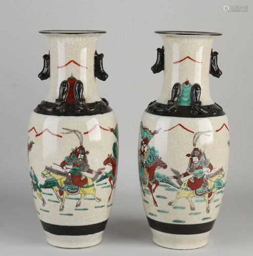 Two Chinese porcelain Cantonese vases with warrior