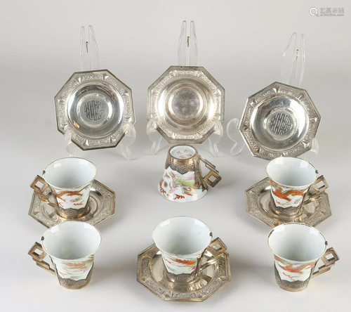 Six antique Chinese porcelain cups and saucers with